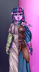 Size: 482x900 | Tagged: safe, artist:pia-sama, imported from derpibooru, twilight sparkle, anthro, angry, clothes, combat armor, commission, dress, female, mage, sad, solo, split screen, torn clothes, two sides