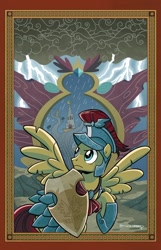 Size: 807x1257 | Tagged: safe, artist:brendahickey, idw, imported from derpibooru, flash magnus, pegasus, pony, legends of magic, spoiler:comic, spoiler:comiclom4, armor, cover, helmet, male, netitus, rain, shield, solo, stallion