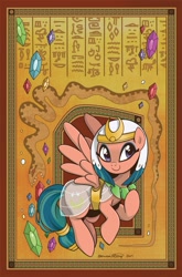 Size: 787x1195 | Tagged: safe, artist:brendahickey, idw, imported from derpibooru, somnambula, pegasus, pony, snake, legends of magic, spoiler:comic, spoiler:comiclom5, clothes, cover, egyptian headdress, female, gem, glowpaz, headdress, hieroglyphics, see-through, solo