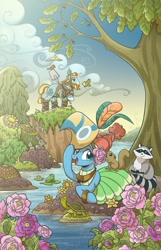 Size: 807x1257 | Tagged: safe, artist:brendahickey, idw, imported from derpibooru, meadowbrook, rockhoof, bird, earth pony, frog, pony, rabbit, raccoon, squirrel, turtle, legends of magic, spoiler:comic, spoiler:comiclom8, animal, cover, female, flower, healer's mask, male, mare, mask, meadowcute, official comic, pond, rockhoof's shovel, rose, speech bubble, stallion, tree