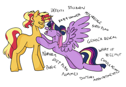 Size: 870x599 | Tagged: safe, artist:ficklepickle9421, imported from derpibooru, sunset shimmer, twilight sparkle, alicorn, series:sunlightsentry weekly, crying, drama queen, female, lesbian, overreaction, panic, pregnant, shipping, simple background, sunsetsparkle, twilight sparkle (alicorn)