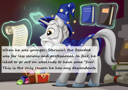 Size: 2268x1600 | Tagged: safe, artist:mysticalpha, imported from derpibooru, star swirl the bearded, pony, unicorn, book, chest, gem, headcanon, implied sex, innuendo, magic, male, scroll, solo, stallion