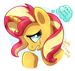 Size: 940x900 | Tagged: safe, artist:joakaha, imported from derpibooru, sunset shimmer, pony, unicorn, equestria girls, equestria girls series, forgotten friendship, abstract background, crying, female, guilty, looking back, mare, remorse, sad, simple background, solo, sunsad shimmer, thought bubble