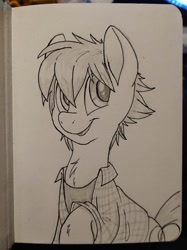 Size: 774x1037 | Tagged: safe, artist:fluffyxai, imported from derpibooru, oc, oc only, oc:spirit wind, earth pony, pony, chest fluff, clothes, hoof fluff, inked, male, pencil drawing, shirt, sketch, smiling, solo, stallion, traditional art