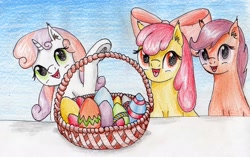 Size: 3016x1889 | Tagged: safe, artist:40kponyguy, derpibooru exclusive, imported from derpibooru, apple bloom, scootaloo, sweetie belle, earth pony, pegasus, pony, unicorn, basket, bow, cutie mark crusaders, ear fluff, easter, easter basket, egg, female, filly, hair bow, holiday, looking at you, open mouth, traditional art, underhoof