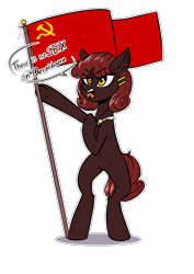 Size: 2894x4093 | Tagged: safe, artist:vincher, derpibooru exclusive, imported from derpibooru, oc, oc only, oc:тема, pony, derpibooru, april fools, april fools 2018, bipedal, communism, derpibooru ponified, flag, meta, ponified, shout, simple background, solo, soviet union, standing, transparent background