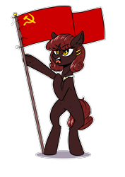 Size: 2894x4093 | Tagged: safe, alternate version, artist:vincher, derpibooru exclusive, imported from derpibooru, oc, oc only, oc:тема, pony, derpibooru, april fools, april fools 2018, bipedal, communism, derpibooru ponified, flag, meta, ponified, shout, simple background, solo, soviet union, standing, transparent background