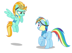 Size: 1024x746 | Tagged: safe, artist:steampunksalutation, imported from derpibooru, lightning dust, rainbow dash, pegasus, pony, butt, clothes, duo, flying, goggles, lead pony badge, plot, rainbutt dash, simple background, transparent background, uniform, vector, wonderbolt trainee uniform