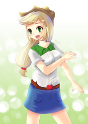 Size: 600x849 | Tagged: safe, artist:love2eategg, imported from derpibooru, applejack, human, equestria girls, belt, clothes, cowboy hat, cute, denim skirt, female, freckles, hat, moe, open mouth, shirt, skirt, smiling, stetson