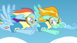 Size: 1280x720 | Tagged: safe, imported from derpibooru, lightning dust, rainbow dash, wonderbolts academy, clothes, cloud, flying, uniform, wonderbolt trainee uniform