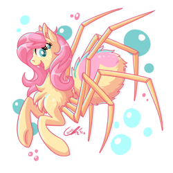 Size: 800x800 | Tagged: safe, artist:couchcrusader, imported from derpibooru, fluttershy, monster pony, original species, spiderpony, comic:children of everfree, abstract background, bubble, chest fluff, cute, ear fluff, fangs, female, fluffy, looking at you, open mouth, profile, shyabetes, signature, simple background, smiling, solo, species swap, spidershy, underhoof, white background