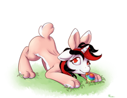 Size: 1024x793 | Tagged: safe, artist:alasou, imported from derpibooru, oc, oc only, oc:blackjack, pony, unicorn, fallout equestria, fallout equestria: project horizons, animal costume, bunny costume, clothes, colored pupils, costume, easter, easter egg, egg, face down ass up, female, floppy ears, holiday, licking, looking at you, looking up, mare, simple background, solo, tongue out, white background, ych result