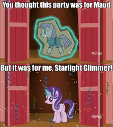 Size: 960x1080 | Tagged: safe, edit, edited screencap, imported from derpibooru, screencap, maud pie, starlight glimmer, earth pony, pony, unicorn, the maud couple, barn, cardboard cutout, cardboard maud, confetti, dio brando, discovery family logo, female, image macro, it was me, jojo's bizarre adventure, levitation, magic, mare, meme, roflbot, smiling, solo, telekinesis, when she smiles