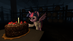 Size: 7680x4320 | Tagged: safe, artist:syncedsart, imported from derpibooru, derpy hooves, sci-twi, twilight sparkle, alicorn, pony, 3d, absurd resolution, black forest cake, cake, downloadable, duo, food, portal (valve), portal 2, science, scitwilicorn, source filmmaker, the cake is a lie, twilight sparkle (alicorn), valve