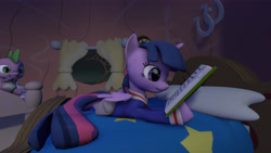 Size: 7680x4320 | Tagged: safe, artist:syncedsart, imported from derpibooru, spike, twilight sparkle, alicorn, dragon, pony, 3d, absurd resolution, bed, bedroom, book, duo, female, golden oaks library, male, mare, reading, source filmmaker, twilight sparkle (alicorn), wallpaper