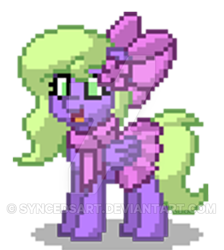 Size: 400x447 | Tagged: safe, artist:syncedsart, imported from derpibooru, oc, oc only, oc:lydria, pegasus, pony, pony town, bow, female, hair bow, mare, pixel art, simple background, solo, transparent background, watermark