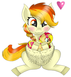 Size: 2724x2955 | Tagged: safe, artist:syncedsart, imported from derpibooru, sunset shimmer, oc, oc only, oc:little flame, pegasus, pony, blushing, cute, digital art, female, gift art, heart, mare, paint tool sai, plushie, simple background, sitting, solo, transparent background