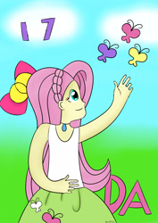 Size: 2480x3508 | Tagged: safe, artist:syncedsart, imported from derpibooru, fluttershy, equestria girls, birthday, clothes, deviantart, digital art, female, paint tool sai, skirt, solo