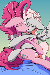 Size: 1802x2706 | Tagged: safe, artist:cabrony, artist:justanotherponyartblog, imported from derpibooru, pinkie pie, oc, oc:violet, canon x oc, collaboration, female, just another pony art blog, kissing, lesbian, making out, mare, mare on mare