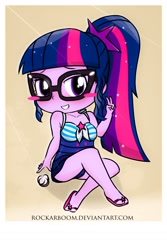 Size: 1008x1513 | Tagged: safe, artist:rockarboom, imported from derpibooru, sci-twi, twilight sparkle, equestria girls, equestria girls series, adorasexy, blushing, chibi, clothes, crossed legs, cute, female, glasses, lidded eyes, sexy, solo, swimsuit, twiabetes