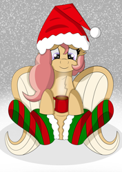 Size: 4961x7016 | Tagged: safe, artist:syncedsart, imported from derpibooru, oc, oc only, oc:sunshine serenade, pegasus, pony, absurd resolution, canterlot avenue, chocolate, christmas, clip studio paint, clothes, contest, contest entry, cute, digital art, female, festive, food, hat, holiday, hot chocolate, mare, santa hat, socks, solo, striped socks, winter