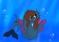 Size: 7016x4961 | Tagged: safe, artist:syncedsart, imported from derpibooru, oc, oc only, merpony, sea pony, seapony (g4), absurd resolution, clip studio paint, cute, digital art, dorsal fin, female, fin wings, fins, fish tail, gift art, looking at you, mare, ocean, smiling, smiling at you, solo, spread wings, tail, underwater, water, wings