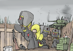 Size: 3737x2611 | Tagged: safe, artist:patoriotto, imported from derpibooru, oc, oc:object866, ammobox, eyes closed, hat, ladder, medicine, ppsh-41, soviet, tank (vehicle), trench, ushanka, war, world war ii