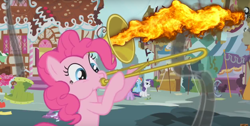 Size: 1404x708 | Tagged: safe, edit, edited screencap, imported from derpibooru, screencap, pinkie pie, rainbow dash, rarity, twilight sparkle, earth pony, pegasus, pony, unicorn, swarm of the century, female, fire, mare, musical instrument, solo focus, sugarcube corner, trombone