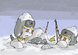 Size: 4093x2894 | Tagged: safe, artist:patoriotto, imported from derpibooru, oc, oc:object866, gun, hat, rifle, snow, soldiers, weapon