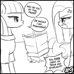 Size: 1000x1000 | Tagged: safe, artist:lumineko, imported from derpibooru, maud pie, mudbriar, pinkie pie, earth pony, pony, the maud couple, cross-popping veins, dialogue, female, kite, male, monochrome, pinkamena diane pie, scene interpretation, sketch, yelling