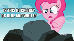 Size: 1024x576 | Tagged: safe, edit, edited screencap, imported from derpibooru, screencap, pinkie pie, pony, the maud couple, discovery family logo, female, image macro, meme, rock, solo, white and gold or black and blue dress meme