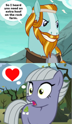 Size: 487x834 | Tagged: safe, edit, edited screencap, imported from derpibooru, screencap, limestone pie, rockhoof, earth pony, pony, campfire tales, the maud couple, crack shipping, dialogue, female, heart, limehoof, male, shipping, thought bubble