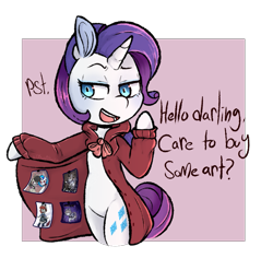 Size: 885x836 | Tagged: safe, artist:urbanqhoul, imported from derpibooru, rarity, bipedal, clothes, commission info, darling, female, simple background, solo, text, transparent background, trenchcoat, whispering