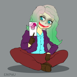 Size: 1000x1000 | Tagged: safe, artist:empyu, imported from derpibooru, fluttershy, pinkie pie, equestria girls, card, clothes, cosplay, costume, crossed legs, female, makeup, simple background, solo, the joker