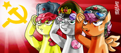 Size: 1000x441 | Tagged: safe, artist:davide76, imported from derpibooru, apple bloom, scootaloo, sweetie belle, aviator goggles, aviator hat, commie mark crusaders, communism, cutie mark crusaders, goggles, hat, soviet