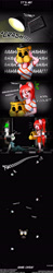 Size: 1280x6528 | Tagged: safe, artist:ravenousdash, imported from derpibooru, oc, oc:death metal, oc:pearl necklace, animatronic, april fools, black hair, comic, crossover, darkness, dialogue, easter egg, easter egg (media), five nights at freddy's, freddy fazbear, freddy fazbear's pizzeria, golden freddy, green eyes, horror, laughing, prank, red eyes, red hair, security guard, spooky, video game