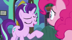 Size: 1280x720 | Tagged: safe, imported from derpibooru, screencap, pinkie pie, starlight glimmer, the maud couple, animated, bed, book, bookshelf, equal sign, female, frown, potted plant, smiling, sound, starlight's room, talking, webm