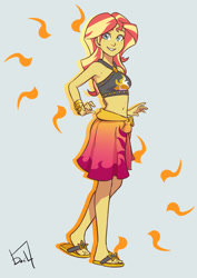 Size: 1024x1448 | Tagged: safe, artist:jurill, imported from derpibooru, sunset shimmer, equestria girls, equestria girls series, forgotten friendship, belly button, clothes, feet, female, flip-flops, midriff, sandals, solo, sunshine shimmer, swimsuit