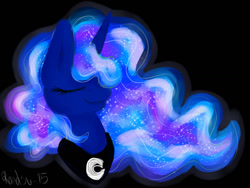 Size: 1024x768 | Tagged: safe, artist:pprinceran, artist:prince-ran, imported from derpibooru, princess luna, alicorn, pony, black background, bust, ethereal mane, eyes closed, female, hair over one eye, jewelry, mare, missing accessory, regalia, simple background, solo, starry mane