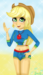 Size: 1097x1906 | Tagged: safe, artist:lovelygirlmusicer, imported from derpibooru, applejack, equestria girls, equestria girls series, forgotten friendship, belly button, clothes, cowboy hat, female, freckles, geode of super strength, hat, midriff, solo, stetson, swimsuit
