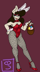 Size: 1440x2560 | Tagged: safe, artist:dimvitrarius, imported from derpibooru, oc, oc:sunny, anthro, earth pony, unguligrade anthro, animal costume, anthro oc, armpits, basket, bunny ears, bunny suit, bunny tail, chubby, clothes, costume, cuffs (clothes), easter, easter basket, easter bunny, easter egg, female, fishnet pantyhose, high heels, holiday, leotard, lip gloss, lipstick, looking at you, nail polish, shoes, simple background, solo