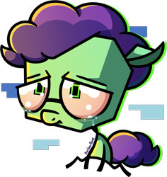 Size: 1025x1085 | Tagged: safe, artist:amberpone, imported from derpibooru, oc, oc only, oc:bugaboo, earth pony, pony, big eyes, big head, crying, cute, green eyes, invader zim, purple hair, sad, short hair, short mane, simple background, sitting, solo, style emulation, transparent background