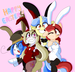 Size: 4000x3800 | Tagged: safe, artist:fullmetalpikmin, imported from derpibooru, oc, oc:cherry blossom, oc:mal, oc:poppy seed, oc:viewing pleasure, tumblr:ask viewing pleasure, blush sticker, blushing, bunny suit, clothes, easter, holiday