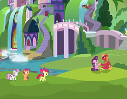 Size: 928x725 | Tagged: safe, imported from derpibooru, screencap, apple bloom, big macintosh, sandbar, scootaloo, sugar belle, sweetie belle, yona, earth pony, pony, yak, season 8, cutie mark crusaders, female, intro, male, school of friendship, shipping, straight, sugarmac, twilight's castle, water