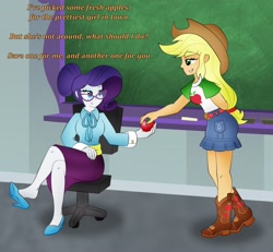 Size: 4062x3754 | Tagged: safe, artist:poseidonathenea, imported from derpibooru, applejack, rarity, equestria girls, equestria girls series, school daze, apple, belt, boots, chalkboard, clothes, cowboy boots, cowboy hat, crossed legs, denim skirt, food, glasses, hair bun, hat, high heels, implied lesbian, implied rarijack, implied shipping, legs, poem, schoolmarm rarity, shoe dangling, shoes, skirt, stetson, teacher, this will end in a night on the couch