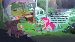 Size: 1280x720 | Tagged: safe, edit, edited screencap, imported from derpibooru, screencap, pinkie pie, the maud couple, crystal, implied mr. waddle, implied rarity, maud's cave, text, waterfall