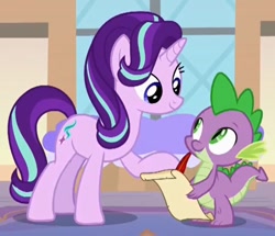 Size: 774x666 | Tagged: safe, imported from derpibooru, screencap, spike, starlight glimmer, school daze, cropped, duo, quill, scroll