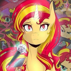 Size: 515x515 | Tagged: safe, imported from derpibooru, sunset shimmer, equestria girls, equestria girls (movie), my past is not today, rainbow rocks, big crown thingy, collage, glowing horn, jewelry, magic, microphone, multeity, regalia, shimmerstorm, sunset satan, telekinesis, zoom layer