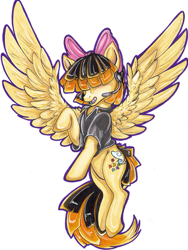 Size: 903x1200 | Tagged: safe, artist:miku_aaparo, imported from derpibooru, songbird serenade, pegasus, pony, my little pony: the movie, female, flying, hair over eyes, headworn microphone, mare, simple background, traditional art, white background, wings