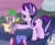 Size: 810x666 | Tagged: safe, imported from derpibooru, screencap, spike, starlight glimmer, dragon, pony, unicorn, school daze, cropped, female, lidded eyes, male, mare, out of context, parchment, quill, stallion